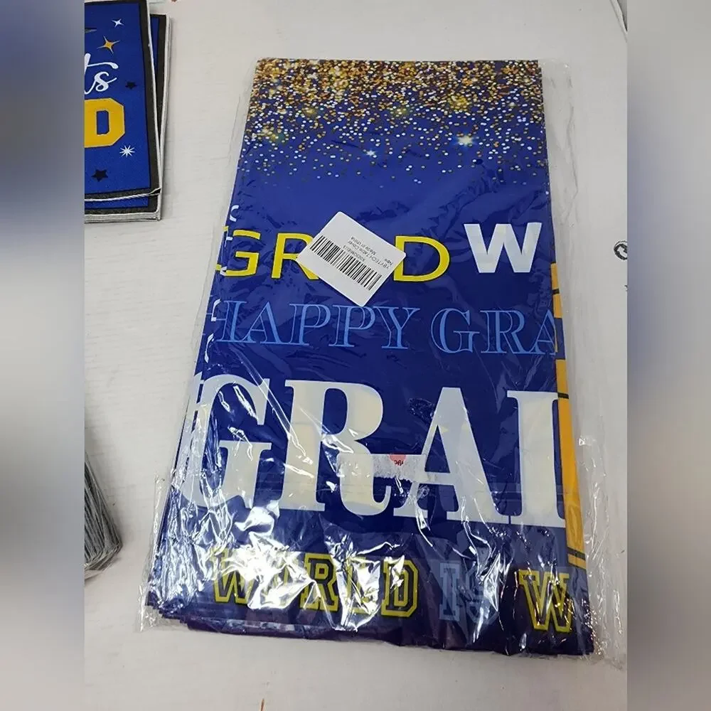 New Graduation Napkins & Large Platic Tablecloth 100 Napkins Blue Gold‎ White